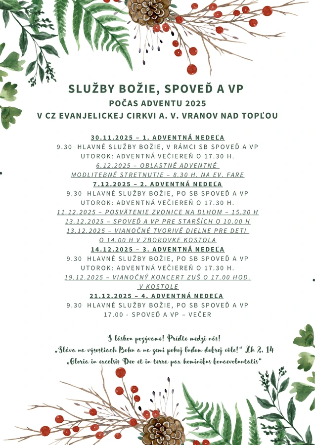 Rozpis služieb Božích počas adventu 2025
